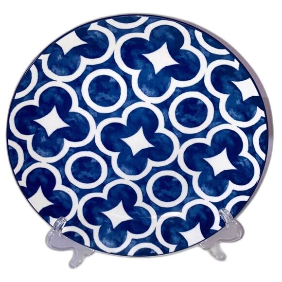 MAINSTAYS Dinner Plate White on Blue Background Geometric Design 11 inches - Picture 1 of 8